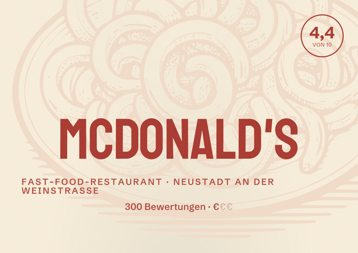 Illustriertes Poster von McDonald's, Fast-Food-Restaurant in Neustadt an der Weinstraße: Bewertung 4,4 von 10 aus 300 Bewertungen, Preisniveau €