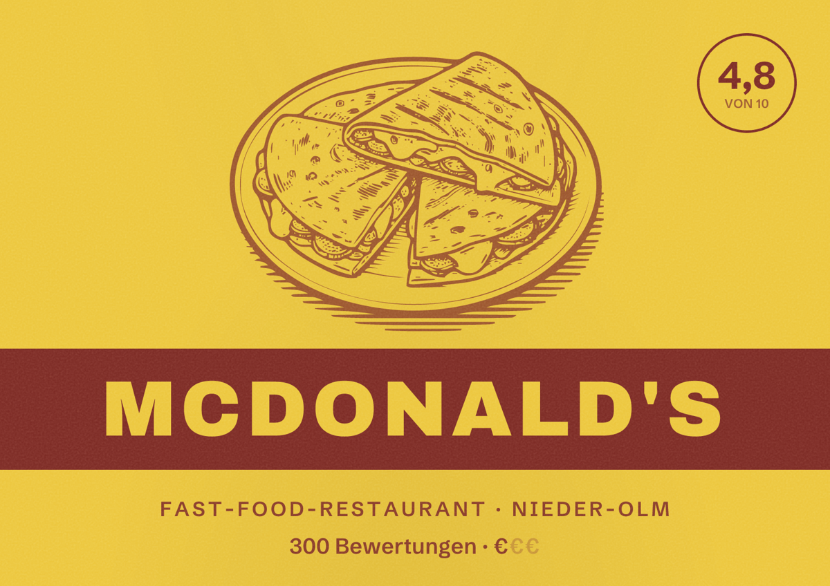 Illustriertes Poster von McDonald's, Fast-Food-Restaurant in Nieder-Olm: Bewertung 4,8 von 10 aus 300 Bewertungen, Preisniveau €