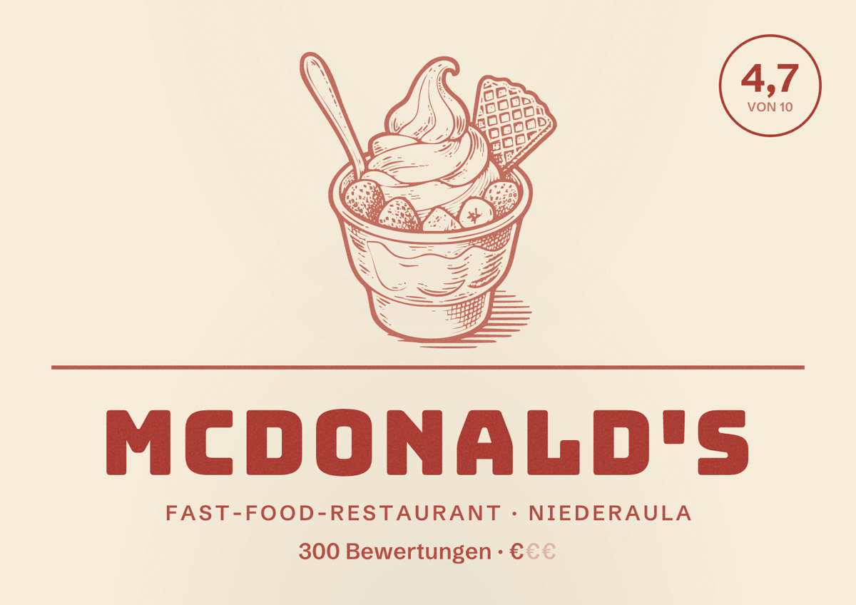 Illustriertes Poster von McDonald's, Fast-Food-Restaurant in Niederaula: Bewertung 4,7 von 10 aus 300 Bewertungen, Preisniveau €