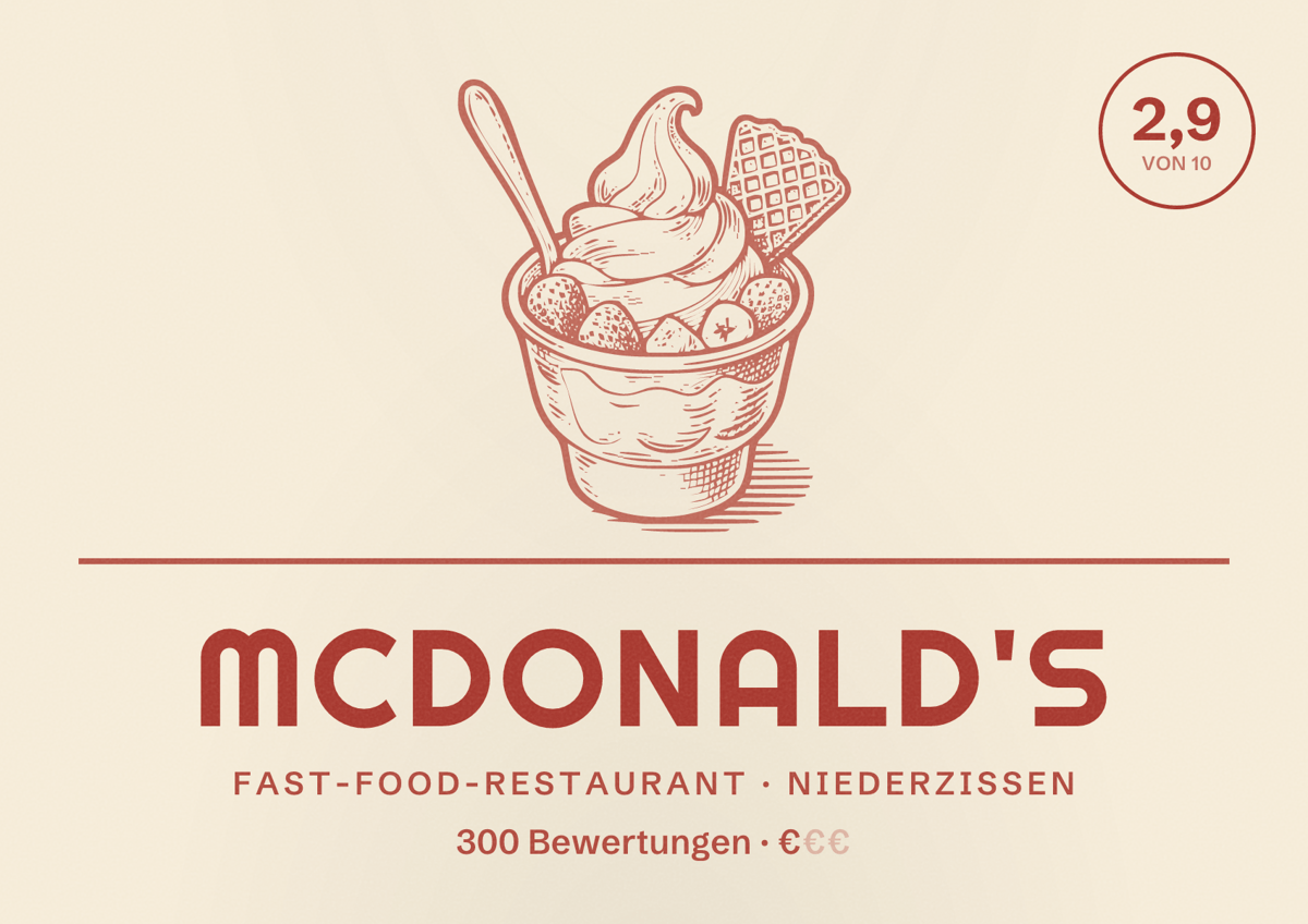 Illustriertes Poster von McDonald's, Fast-Food-Restaurant in Niederzissen: Bewertung 2,9 von 10 aus 300 Bewertungen, Preisniveau €