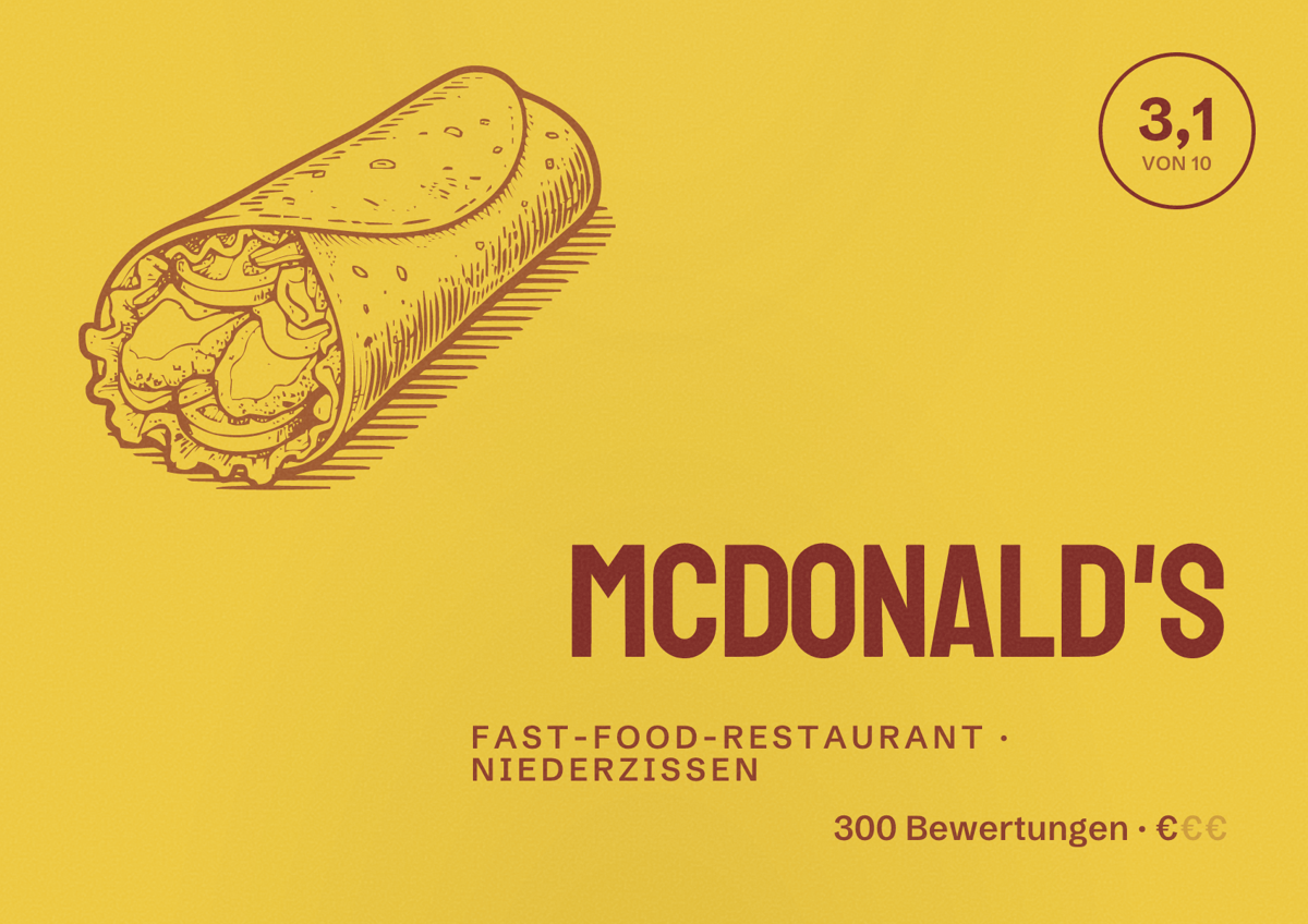 Illustriertes Poster von McDonald's, Fast-Food-Restaurant in Niederzissen: Bewertung 3,1 von 10 aus 300 Bewertungen, Preisniveau €