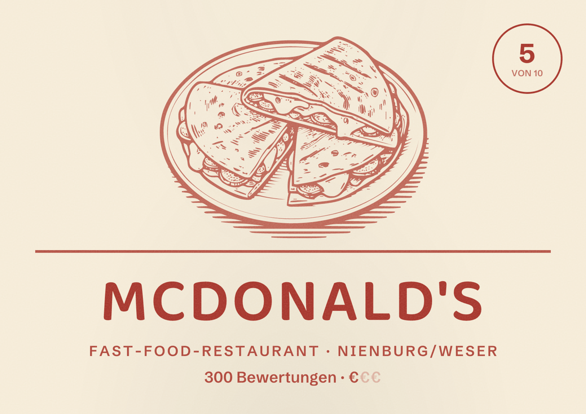 Illustriertes Poster von McDonald's, Fast-Food-Restaurant in Nienburg/Weser: Bewertung 5 von 10 aus 300 Bewertungen, Preisniveau €