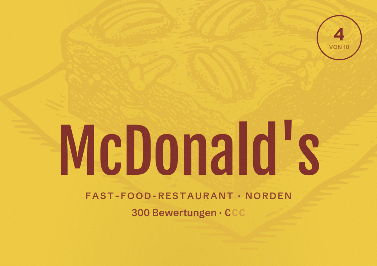 Illustriertes Poster von McDonald's, Fast-Food-Restaurant in Norden: Bewertung 4 von 10 aus 300 Bewertungen, Preisniveau €