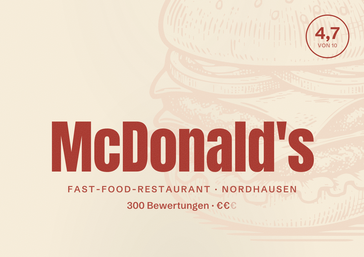 Illustriertes Poster von McDonald's, Fast-Food-Restaurant in Nordhausen: Bewertung 4,7 von 10 aus 300 Bewertungen, Preisniveau €€