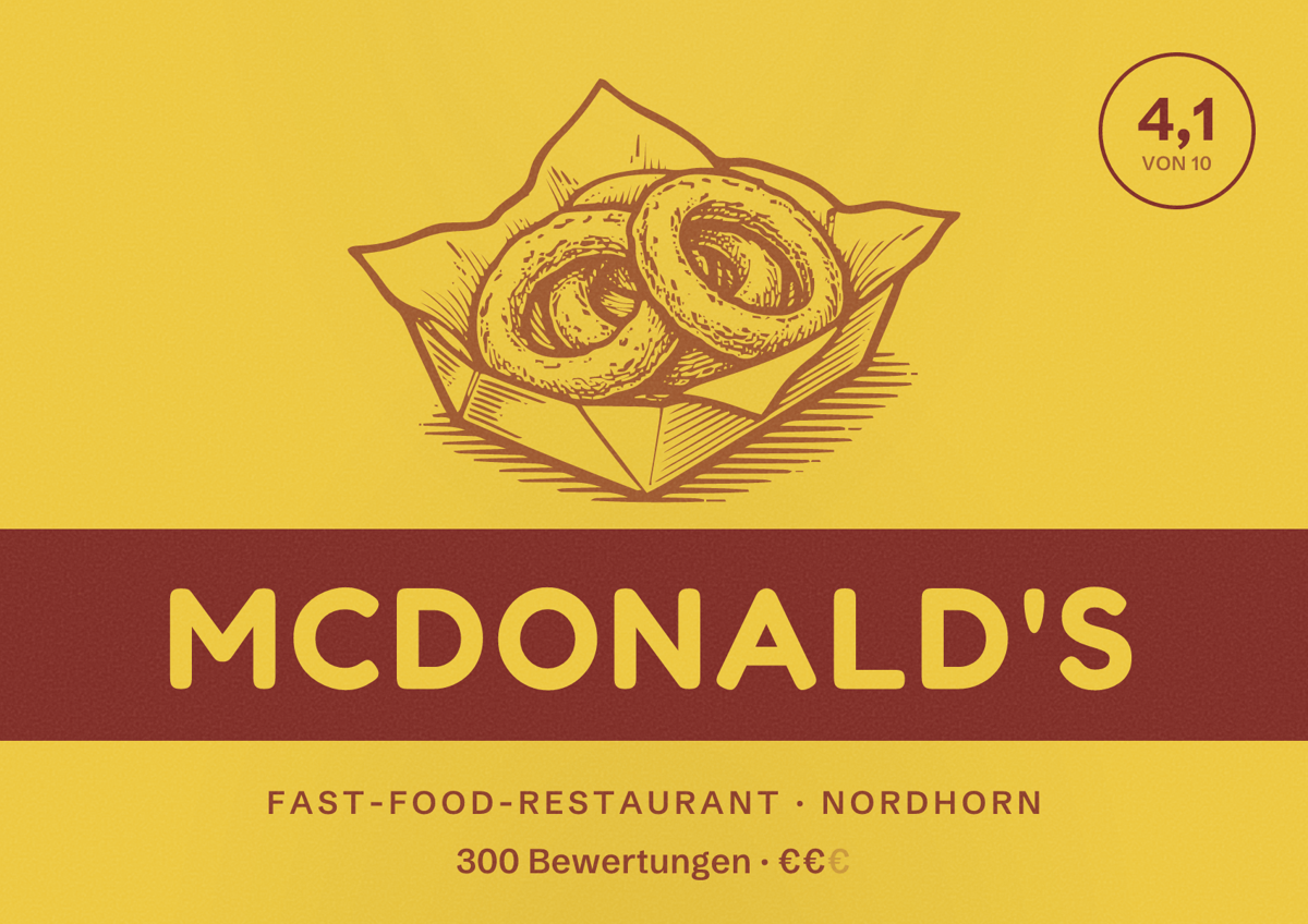Illustriertes Poster von McDonald's, Fast-Food-Restaurant in Nordhorn: Bewertung 4,1 von 10 aus 300 Bewertungen, Preisniveau €€