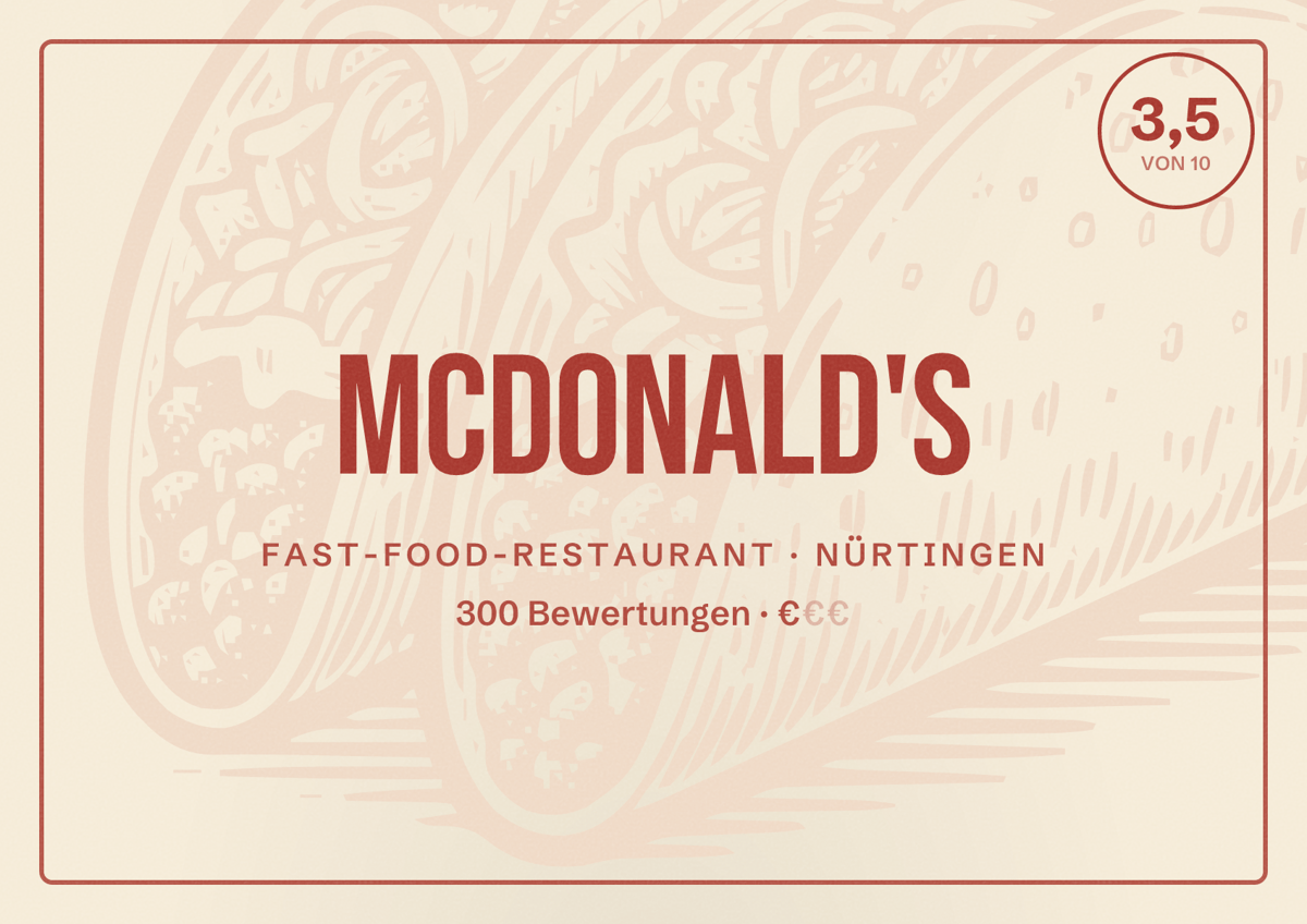 Illustriertes Poster von McDonald's, Fast-Food-Restaurant in Nürtingen: Bewertung 3,5 von 10 aus 300 Bewertungen, Preisniveau €