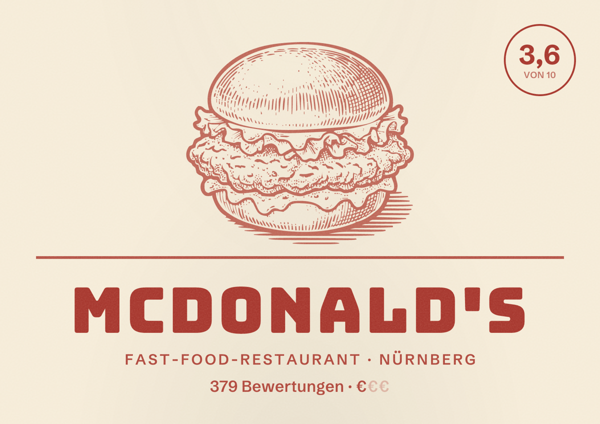 Illustriertes Poster von McDonald's, Fast-Food-Restaurant in Nürnberg: Bewertung 3,6 von 10 aus 379 Bewertungen, Preisniveau €