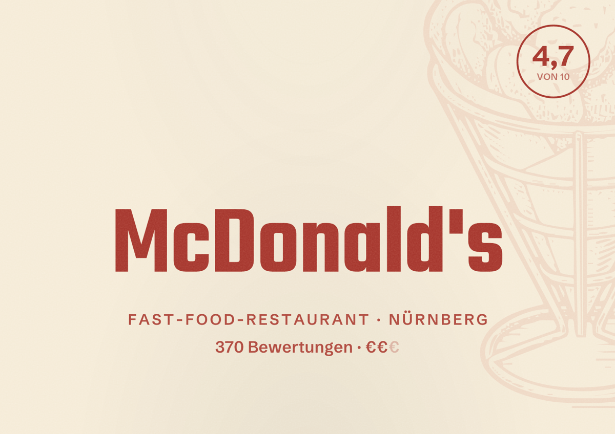 Illustriertes Poster von McDonald's, Fast-Food-Restaurant in Nürnberg: Bewertung 4,7 von 10 aus 370 Bewertungen, Preisniveau €€