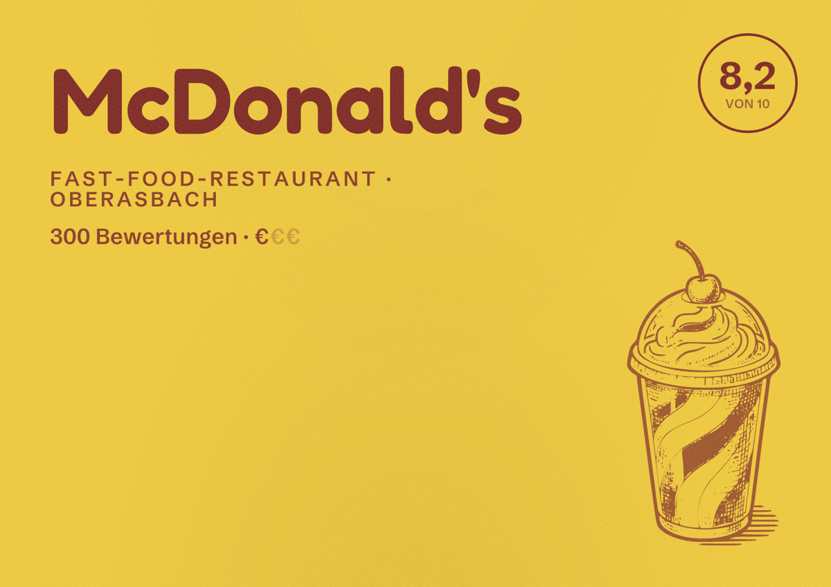 Illustriertes Poster von McDonald's, Fast-Food-Restaurant in Oberasbach: Bewertung 8,2 von 10 aus 300 Bewertungen, Preisniveau €