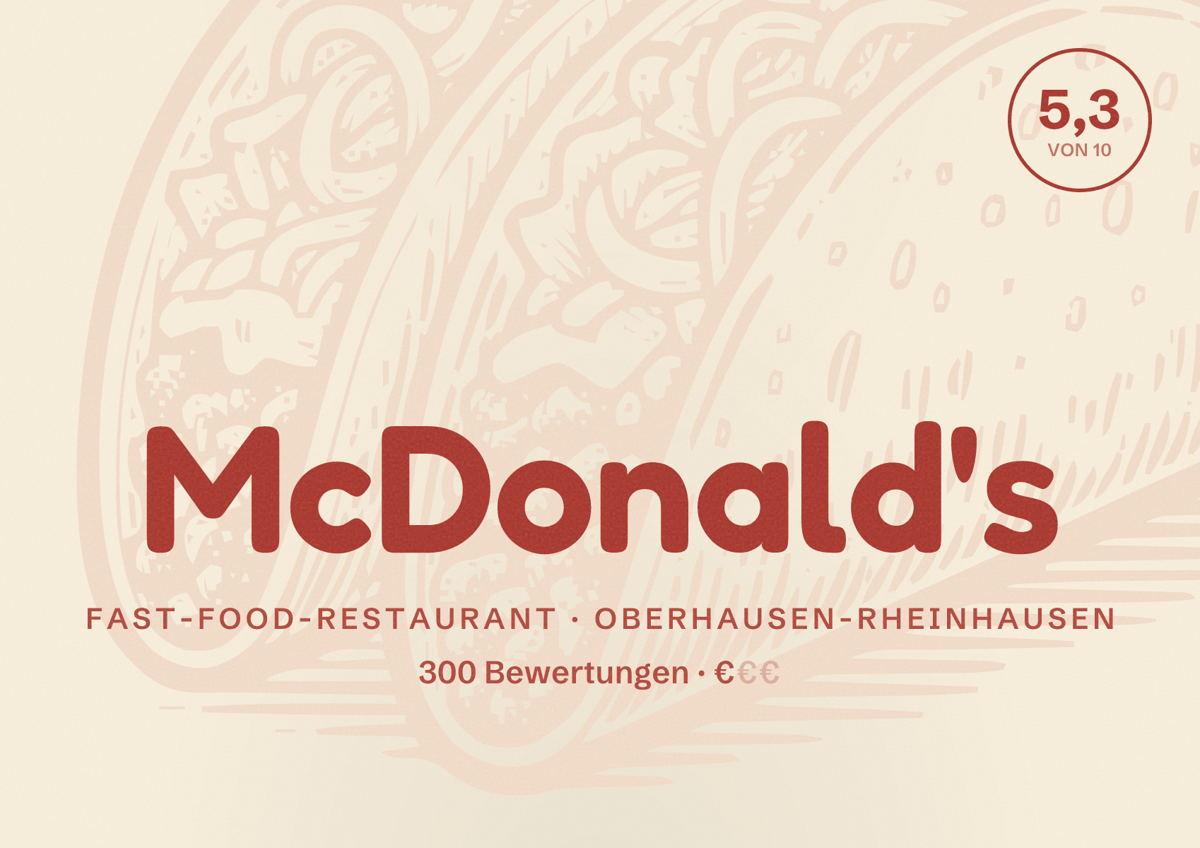 Illustriertes Poster von McDonald's, Fast-Food-Restaurant in Oberhausen-Rheinhausen: Bewertung 5,3 von 10 aus 300 Bewertungen, Preisniveau €