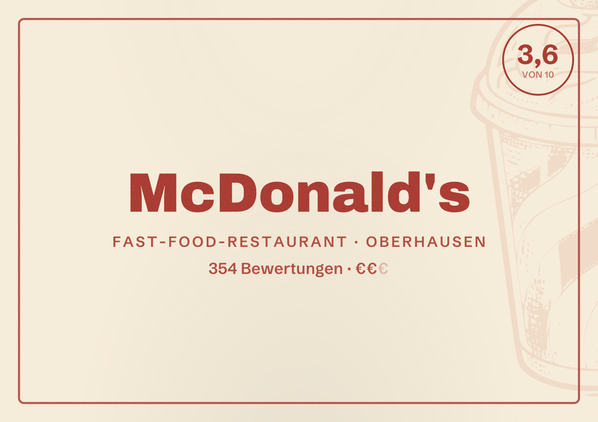 Illustriertes Poster von McDonald's, Fast-Food-Restaurant in Oberhausen: Bewertung 3,6 von 10 aus 354 Bewertungen, Preisniveau €€