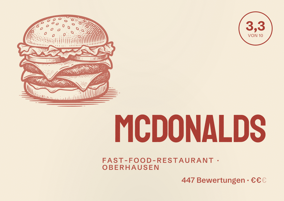 Illustriertes Poster von McDonalds, Fast-Food-Restaurant in Oberhausen: Bewertung 3,3 von 10 aus 447 Bewertungen, Preisniveau €€