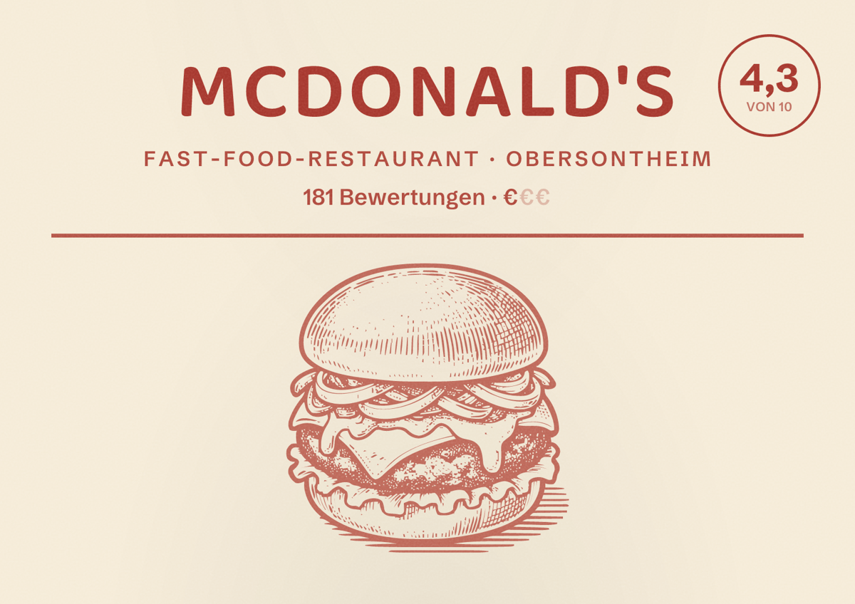 Illustriertes Poster von McDonald's, Fast-Food-Restaurant in Obersontheim: Bewertung 4,3 von 10 aus 181 Bewertungen, Preisniveau €