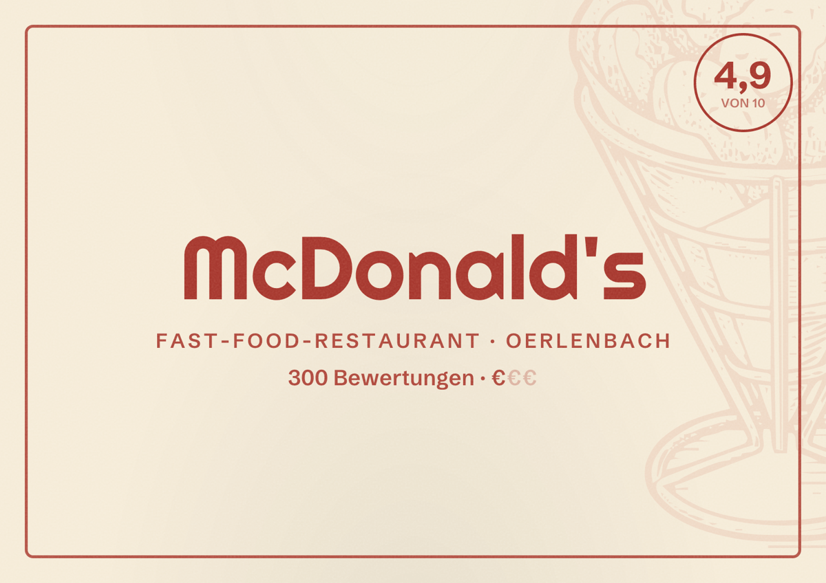 Illustriertes Poster von McDonald's, Fast-Food-Restaurant in Oerlenbach: Bewertung 4,9 von 10 aus 300 Bewertungen, Preisniveau €