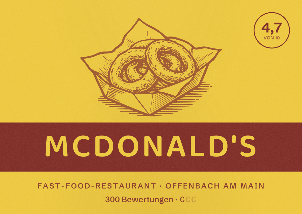 Illustriertes Poster von McDonald's, Fast-Food-Restaurant in Offenbach am Main: Bewertung 4,7 von 10 aus 300 Bewertungen, Preisniveau €
