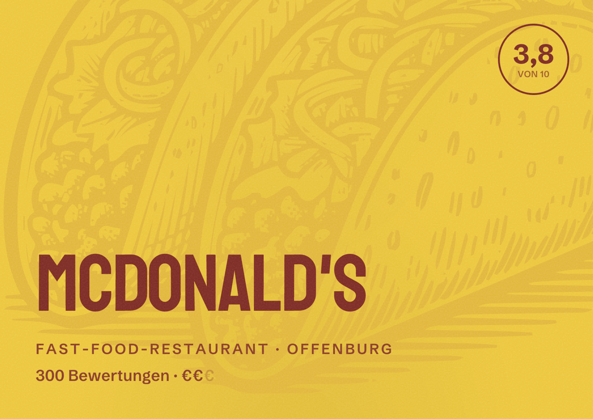 Illustriertes Poster von McDonald's, Fast-Food-Restaurant in Offenburg: Bewertung 3,8 von 10 aus 300 Bewertungen, Preisniveau €€