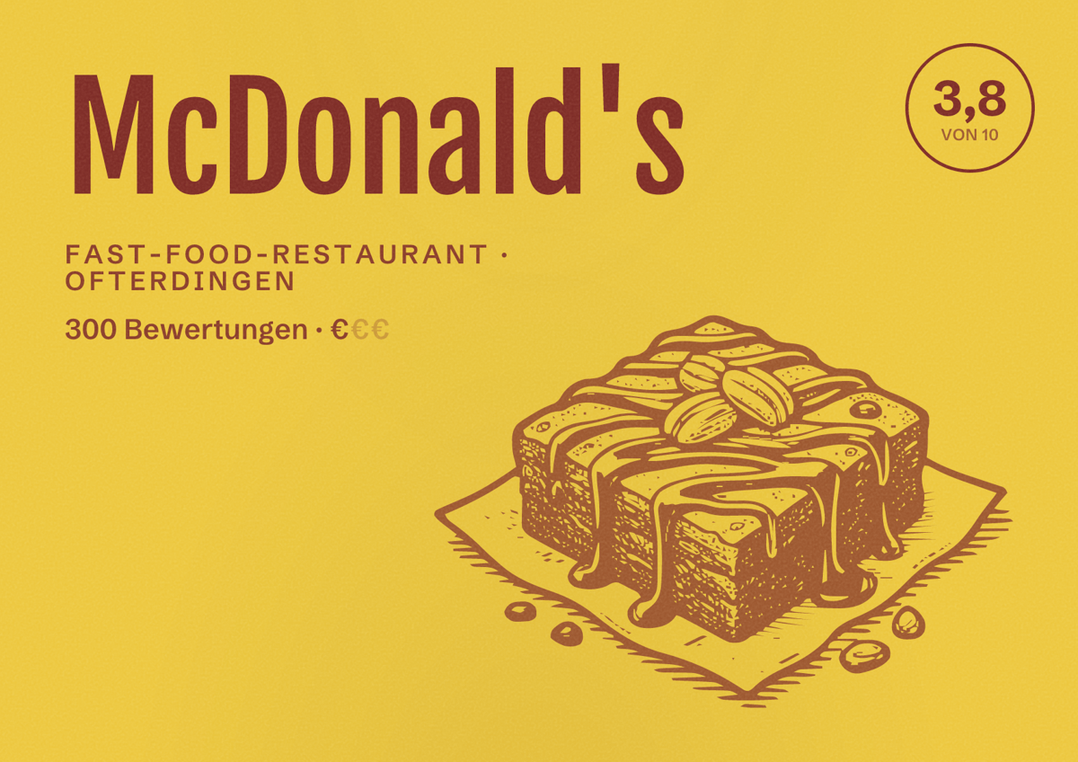 Illustriertes Poster von McDonald's, Fast-Food-Restaurant in Ofterdingen: Bewertung 3,8 von 10 aus 300 Bewertungen, Preisniveau €