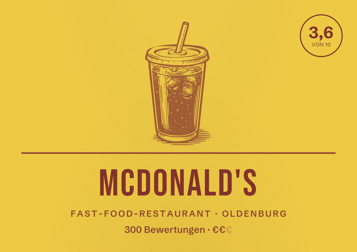 Illustriertes Poster von McDonald's, Fast-Food-Restaurant in Oldenburg: Bewertung 3,6 von 10 aus 300 Bewertungen, Preisniveau €€