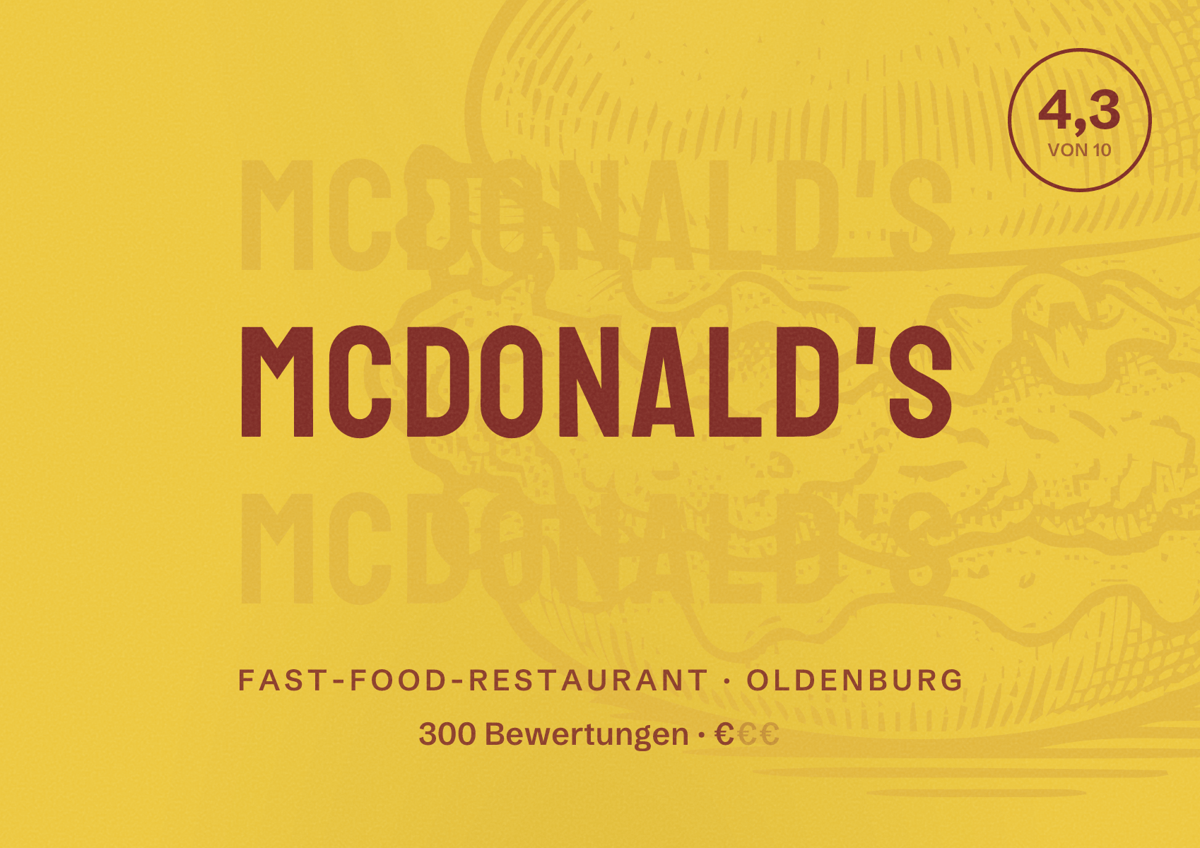 Illustriertes Poster von McDonald's, Fast-Food-Restaurant in Oldenburg: Bewertung 4,3 von 10 aus 300 Bewertungen, Preisniveau €