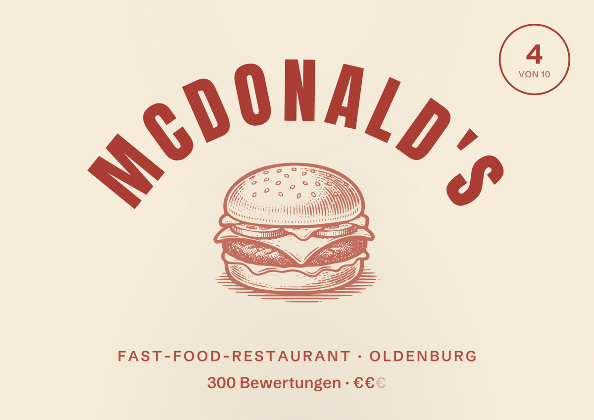Illustriertes Poster von McDonald's, Fast-Food-Restaurant in Oldenburg: Bewertung 4 von 10 aus 300 Bewertungen, Preisniveau €€
