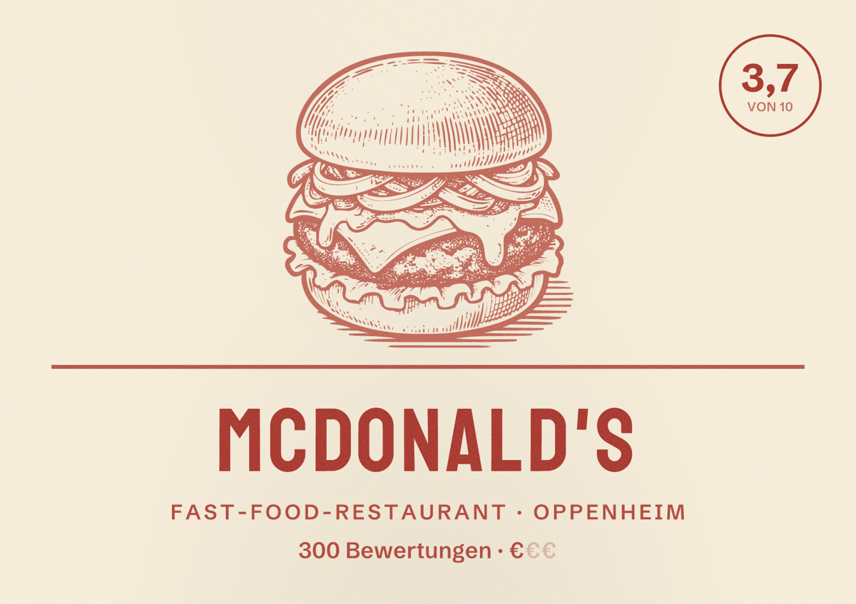 Illustriertes Poster von McDonald's, Fast-Food-Restaurant in Oppenheim: Bewertung 3,7 von 10 aus 300 Bewertungen, Preisniveau €