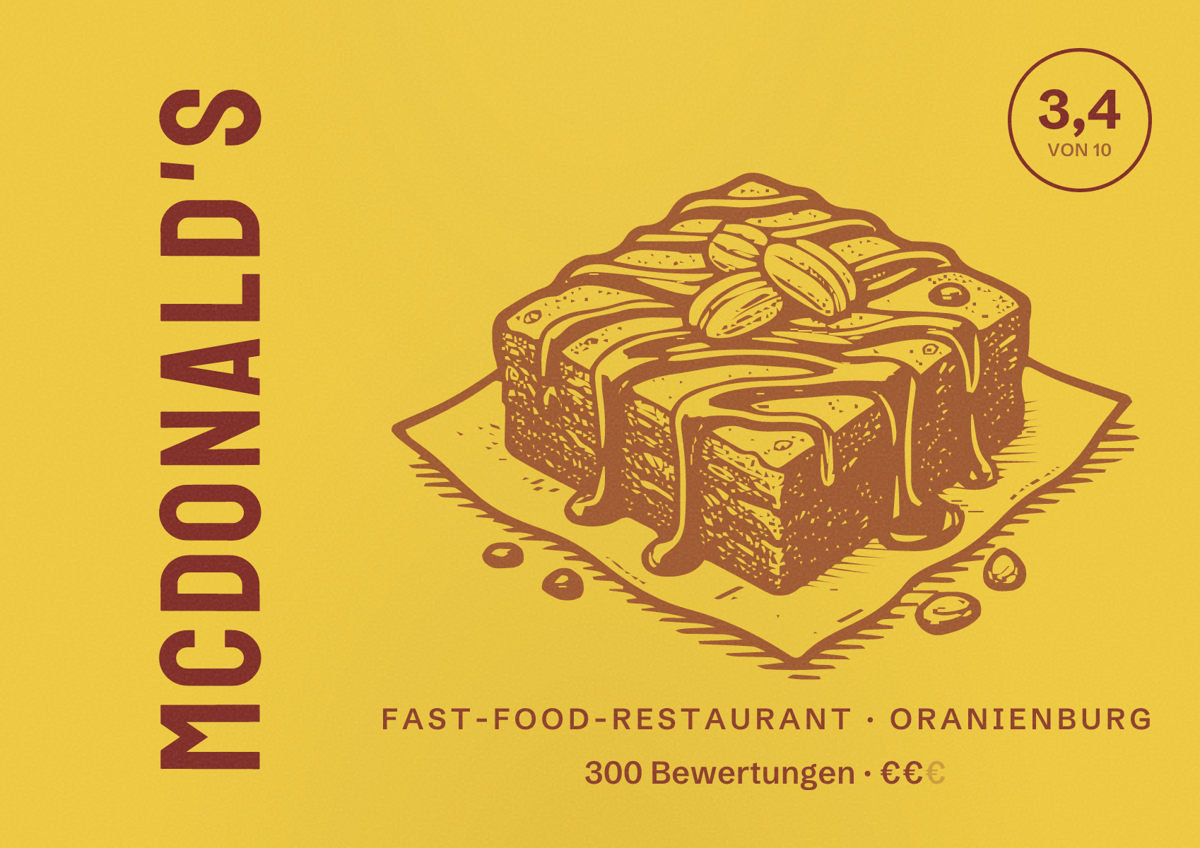 Illustriertes Poster von McDonald's, Fast-Food-Restaurant in Oranienburg: Bewertung 3,4 von 10 aus 300 Bewertungen, Preisniveau €€