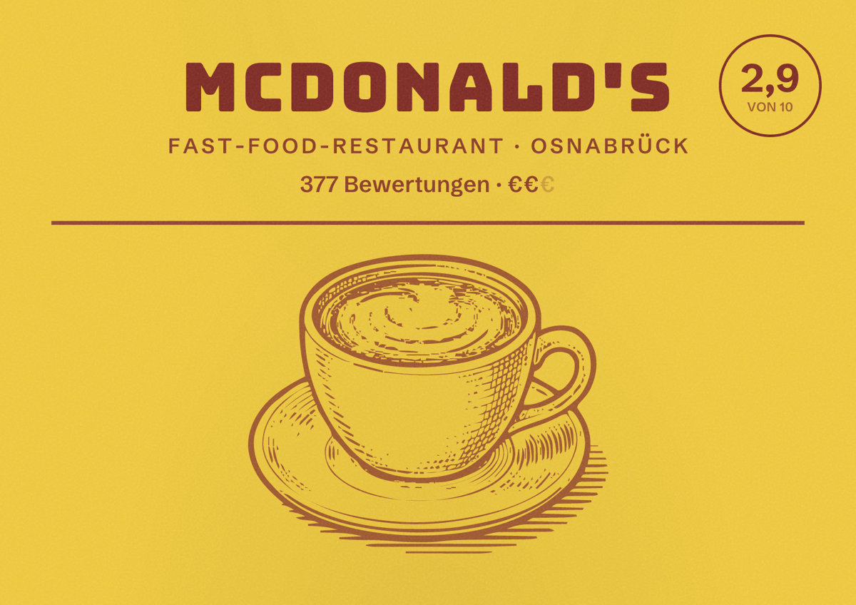 Illustriertes Poster von McDonald's, Fast-Food-Restaurant in Osnabrück: Bewertung 2,9 von 10 aus 377 Bewertungen, Preisniveau €€