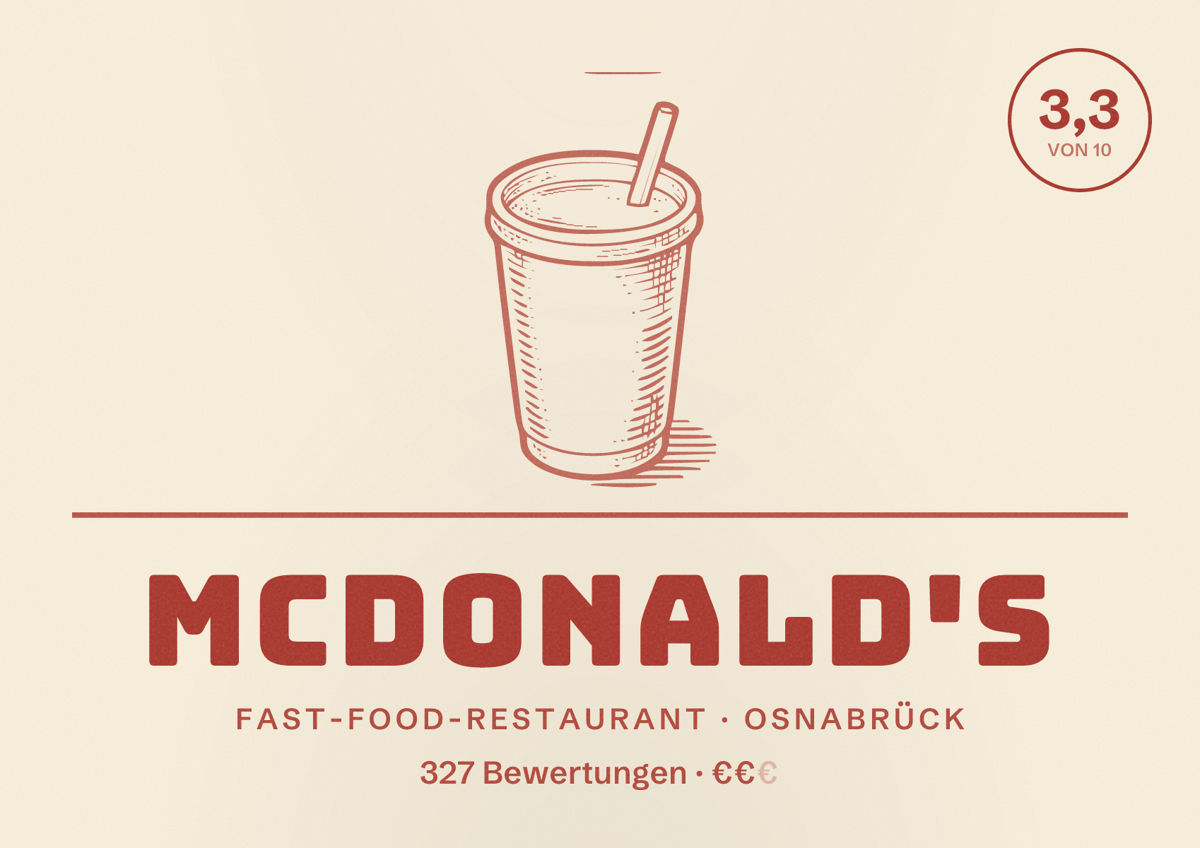 Illustriertes Poster von McDonald's, Fast-Food-Restaurant in Osnabrück: Bewertung 3,3 von 10 aus 327 Bewertungen, Preisniveau €€