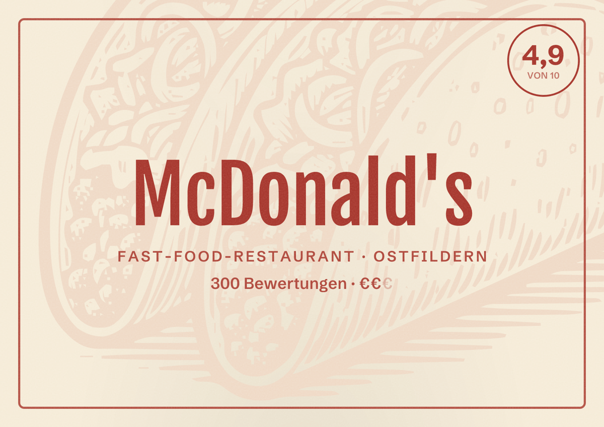 Illustriertes Poster von McDonald's, Fast-Food-Restaurant in Ostfildern: Bewertung 4,9 von 10 aus 300 Bewertungen, Preisniveau €€
