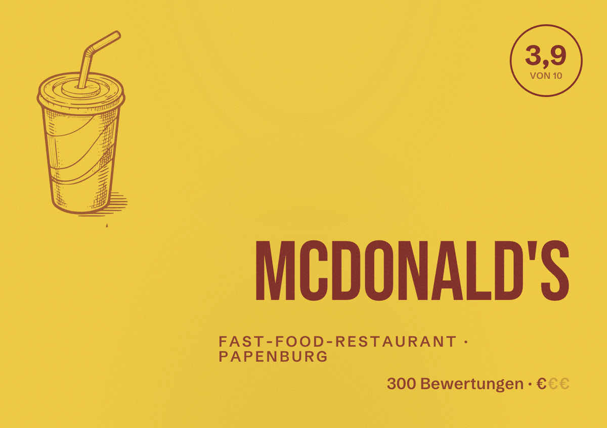 Illustriertes Poster von McDonald's, Fast-Food-Restaurant in Papenburg: Bewertung 3,9 von 10 aus 300 Bewertungen, Preisniveau €