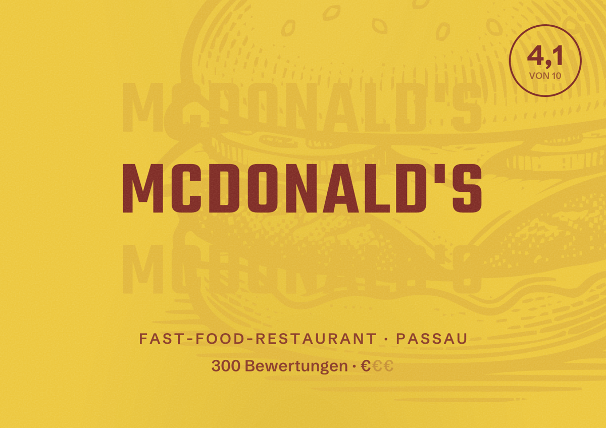 Illustriertes Poster von McDonald's, Fast-Food-Restaurant in Passau: Bewertung 4,1 von 10 aus 300 Bewertungen, Preisniveau €