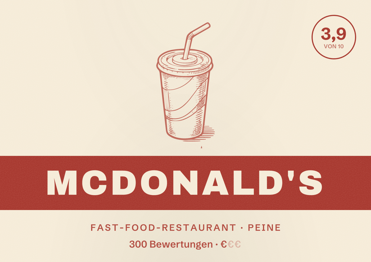 Illustriertes Poster von McDonald's, Fast-Food-Restaurant in Peine: Bewertung 3,9 von 10 aus 300 Bewertungen, Preisniveau €