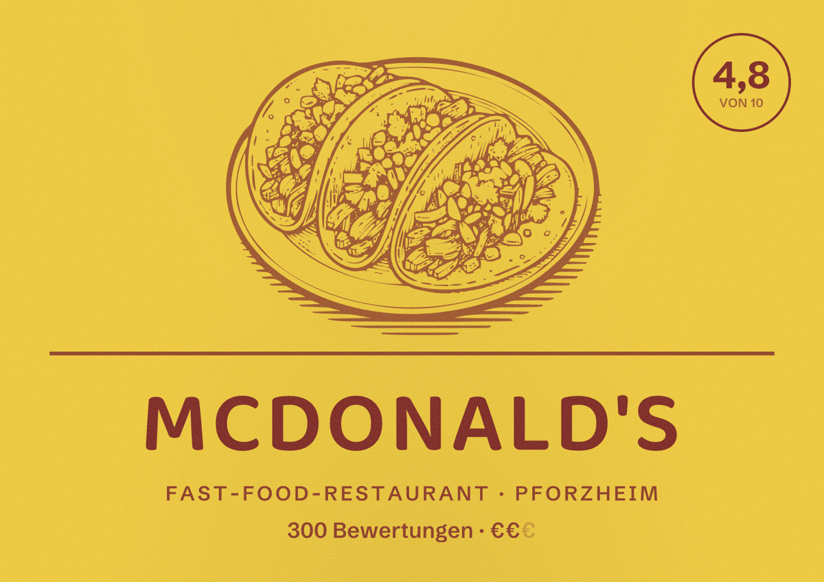 Illustriertes Poster von McDonald's, Fast-Food-Restaurant in Pforzheim: Bewertung 4,8 von 10 aus 300 Bewertungen, Preisniveau €€