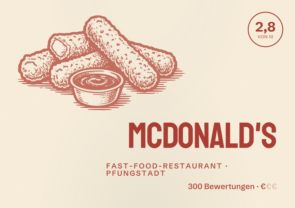 Illustriertes Poster von McDonald's, Fast-Food-Restaurant in Pfungstadt: Bewertung 2,8 von 10 aus 300 Bewertungen, Preisniveau €