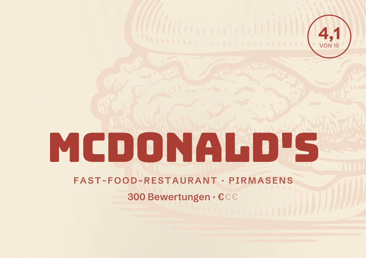 Illustriertes Poster von McDonald's, Fast-Food-Restaurant in Pirmasens: Bewertung 4,1 von 10 aus 300 Bewertungen, Preisniveau €