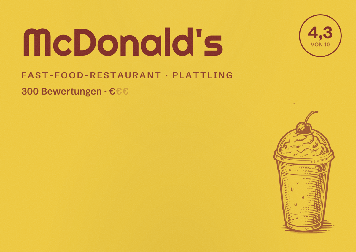 Illustriertes Poster von McDonald's, Fast-Food-Restaurant in Plattling: Bewertung 4,3 von 10 aus 300 Bewertungen, Preisniveau €