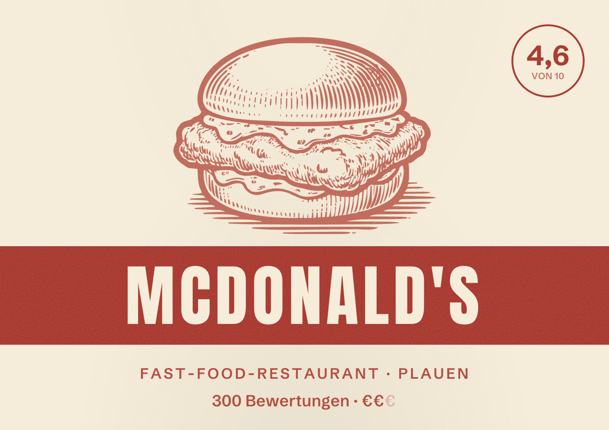 Illustriertes Poster von McDonald's, Fast-Food-Restaurant in Plauen: Bewertung 4,6 von 10 aus 300 Bewertungen, Preisniveau €€