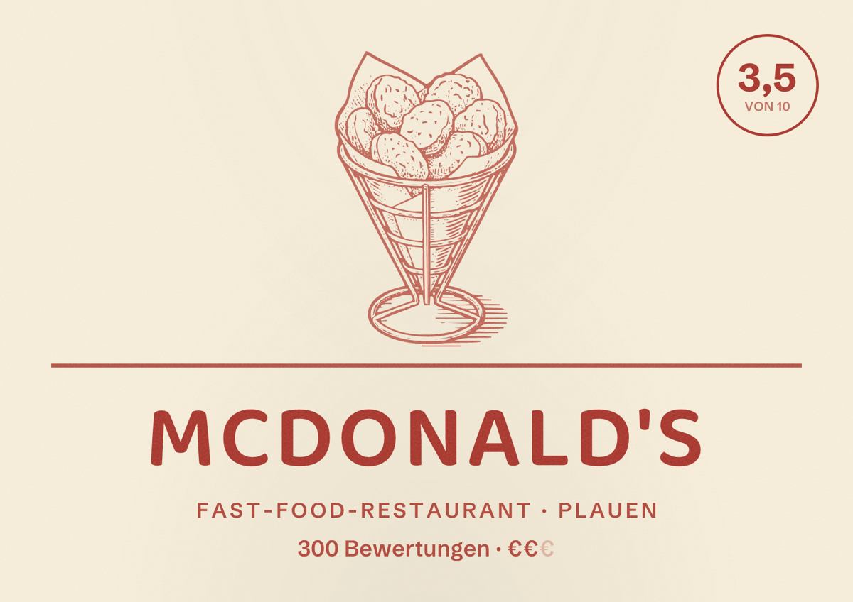 Illustriertes Poster von McDonald's, Fast-Food-Restaurant in Plauen: Bewertung 3,5 von 10 aus 300 Bewertungen, Preisniveau €€