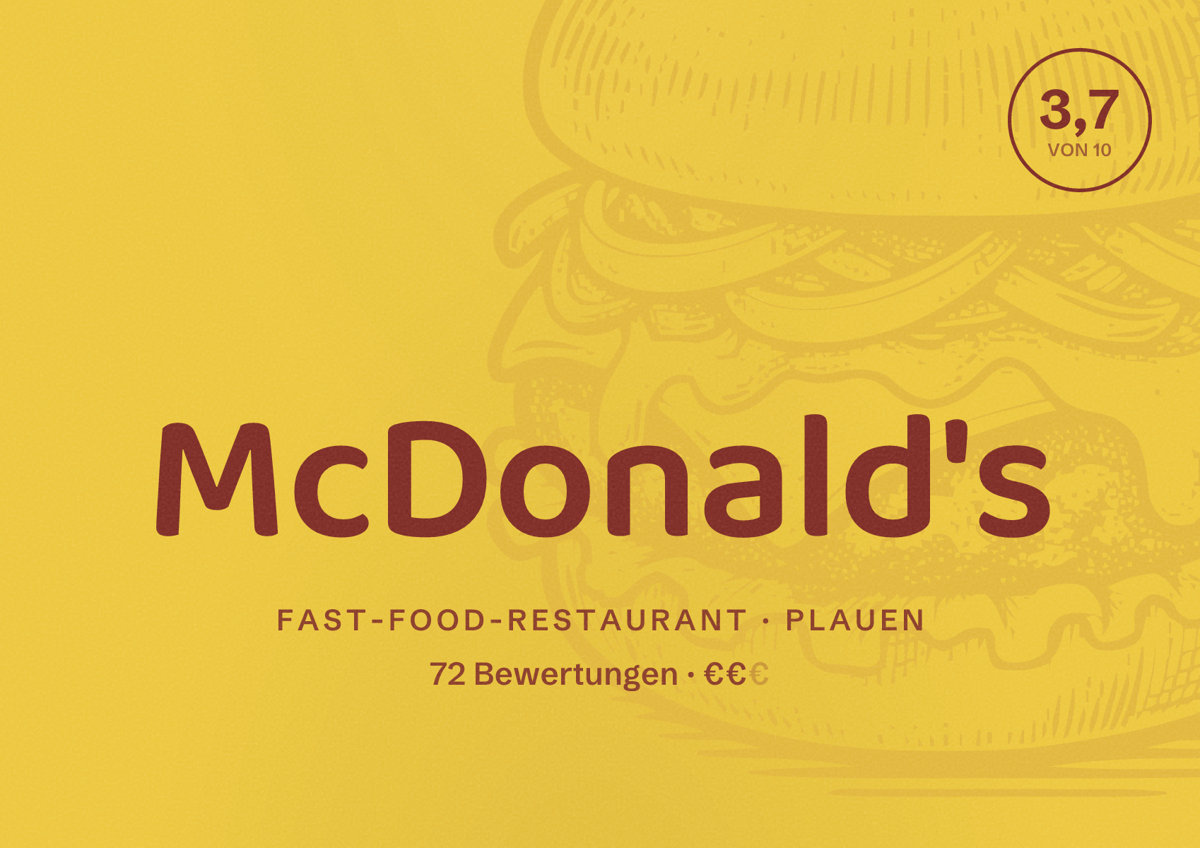 Illustriertes Poster von McDonald's, Fast-Food-Restaurant in Plauen: Bewertung 3,7 von 10 aus 72 Bewertungen, Preisniveau €€
