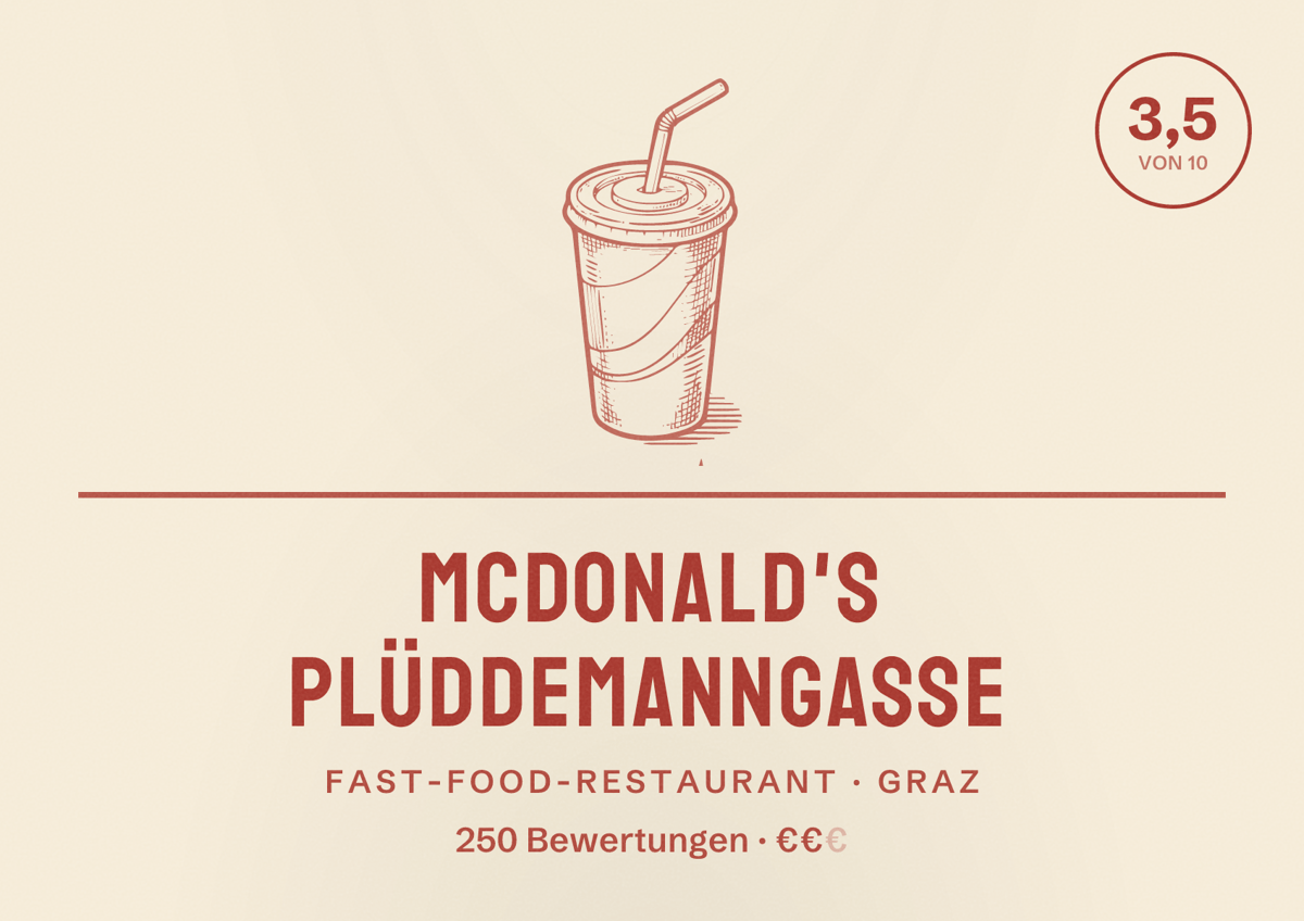 Illustriertes Poster von McDonald's Plüddemanngasse, Fast-Food-Restaurant in Graz: Bewertung 3,5 von 10 aus 250 Bewertungen, Preisniveau €€