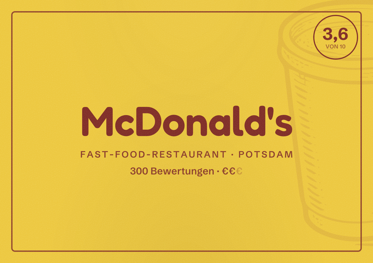 Illustriertes Poster von McDonald's, Fast-Food-Restaurant in Potsdam: Bewertung 3,6 von 10 aus 300 Bewertungen, Preisniveau €€
