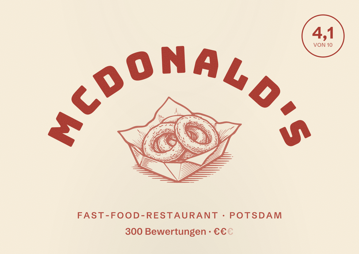 Illustriertes Poster von McDonald's, Fast-Food-Restaurant in Potsdam: Bewertung 4,1 von 10 aus 300 Bewertungen, Preisniveau €€