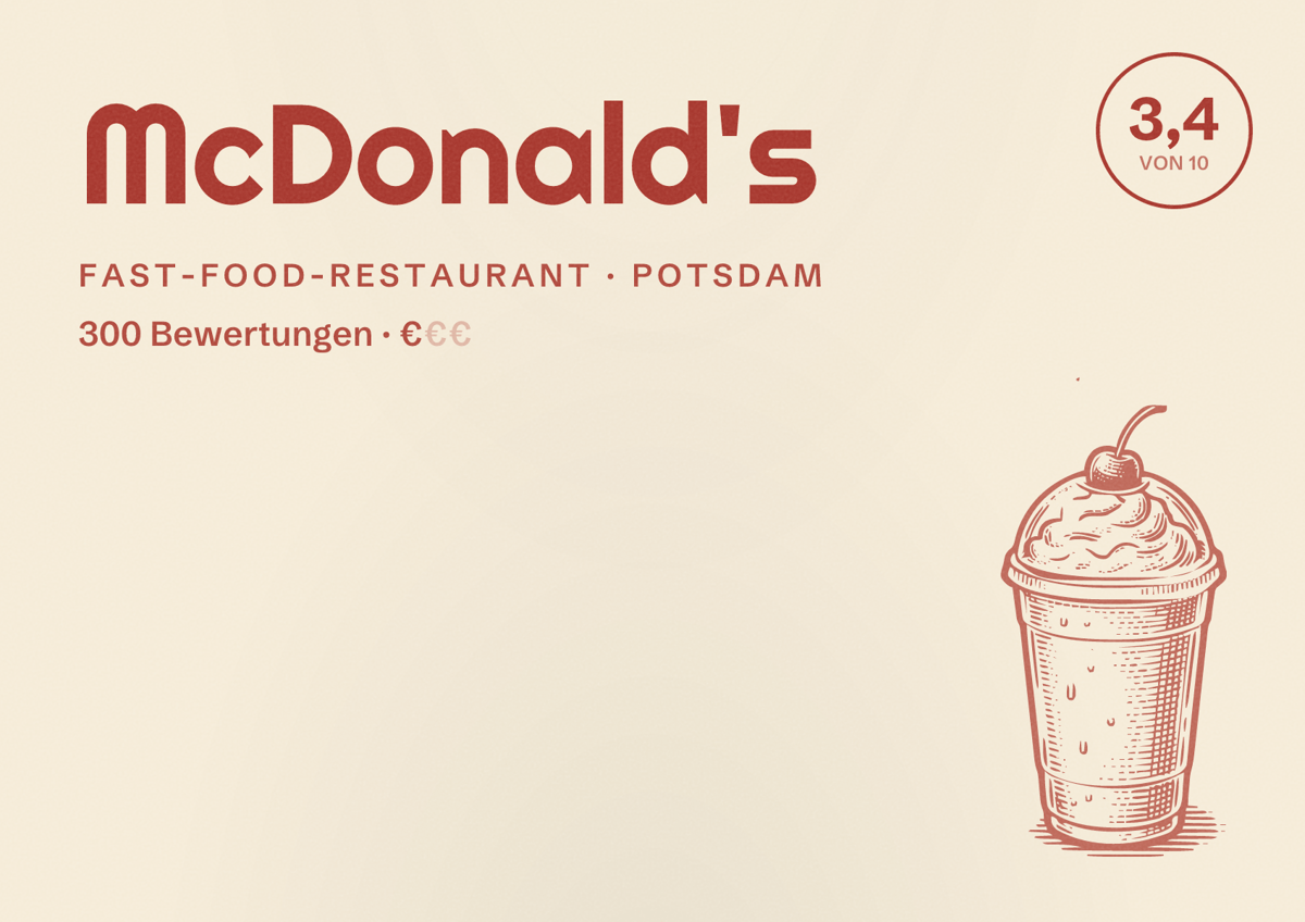 Illustriertes Poster von McDonald's, Fast-Food-Restaurant in Potsdam: Bewertung 3,4 von 10 aus 300 Bewertungen, Preisniveau €