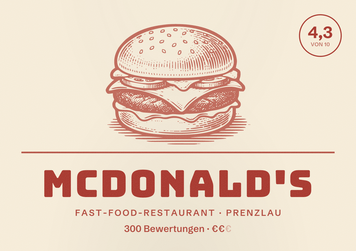 Illustriertes Poster von McDonald's, Fast-Food-Restaurant in Prenzlau: Bewertung 4,3 von 10 aus 300 Bewertungen, Preisniveau €€