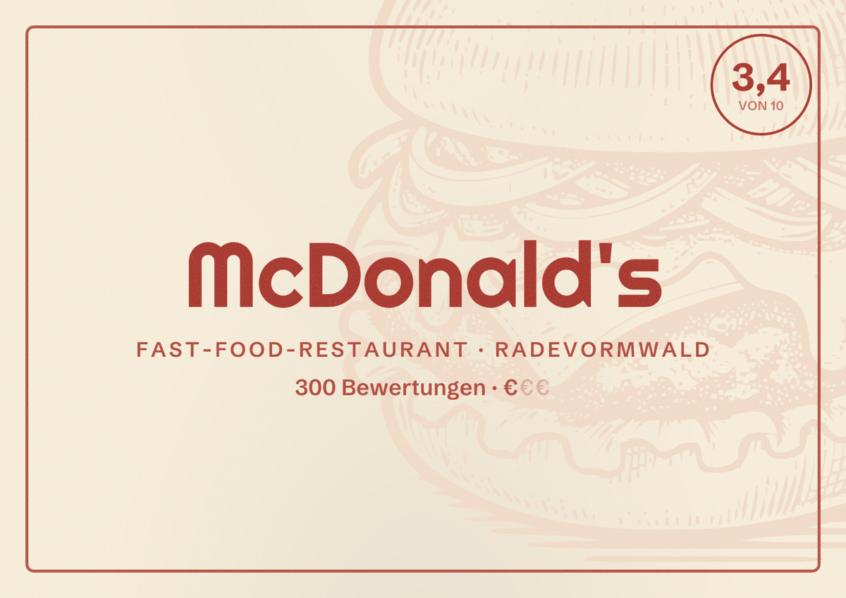 Illustriertes Poster von McDonald's, Fast-Food-Restaurant in Radevormwald: Bewertung 3,4 von 10 aus 300 Bewertungen, Preisniveau €