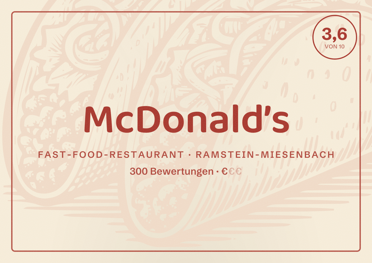 Illustriertes Poster von McDonald’s, Fast-Food-Restaurant in Ramstein-Miesenbach: Bewertung 3,6 von 10 aus 300 Bewertungen, Preisniveau €