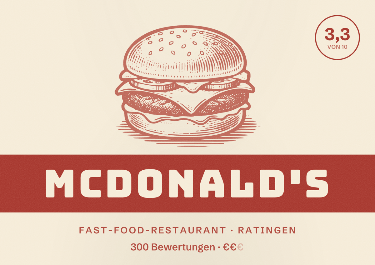 Illustriertes Poster von McDonald's, Fast-Food-Restaurant in Ratingen: Bewertung 3,3 von 10 aus 300 Bewertungen, Preisniveau €€