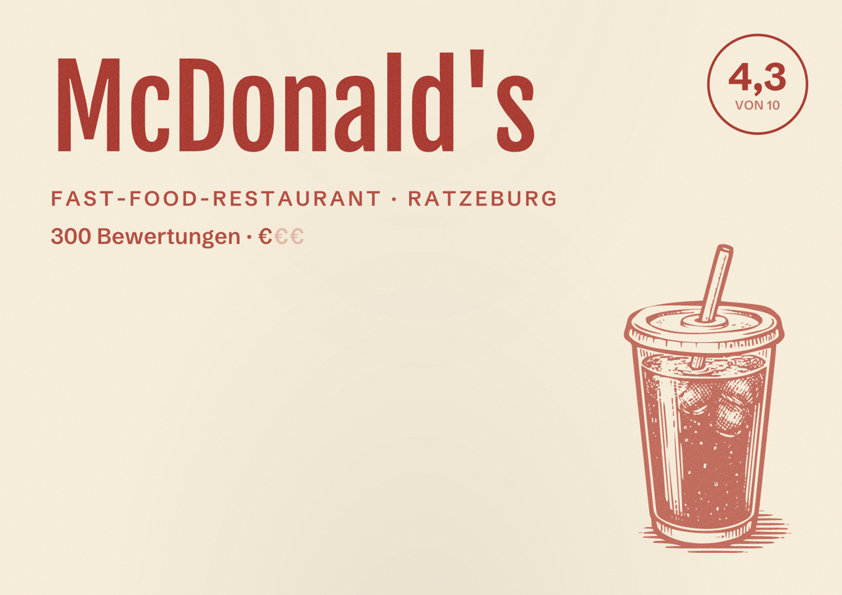 Illustriertes Poster von McDonald's, Fast-Food-Restaurant in Ratzeburg: Bewertung 4,3 von 10 aus 300 Bewertungen, Preisniveau €