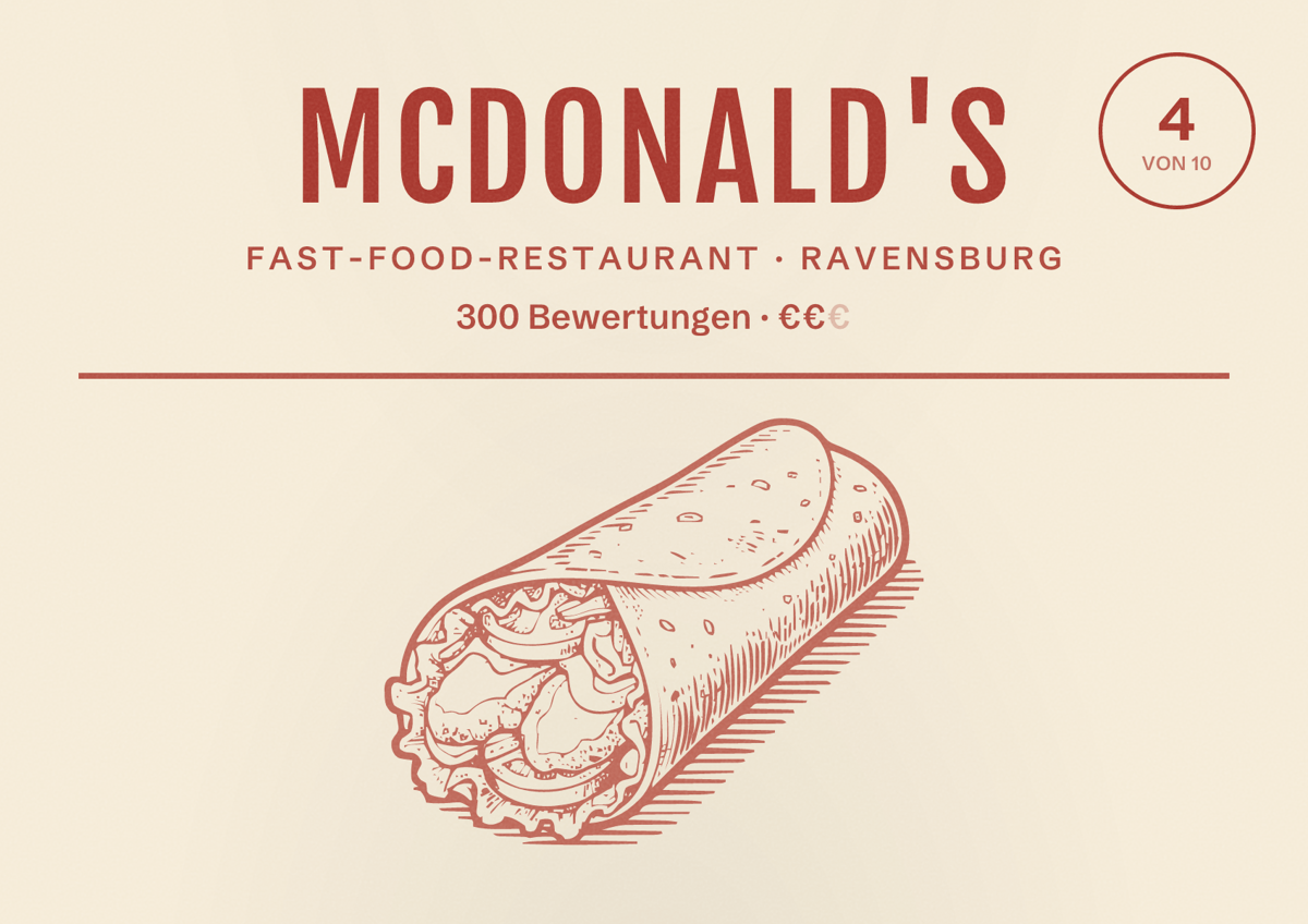 Illustriertes Poster von McDonald's, Fast-Food-Restaurant in Ravensburg: Bewertung 4 von 10 aus 300 Bewertungen, Preisniveau €€