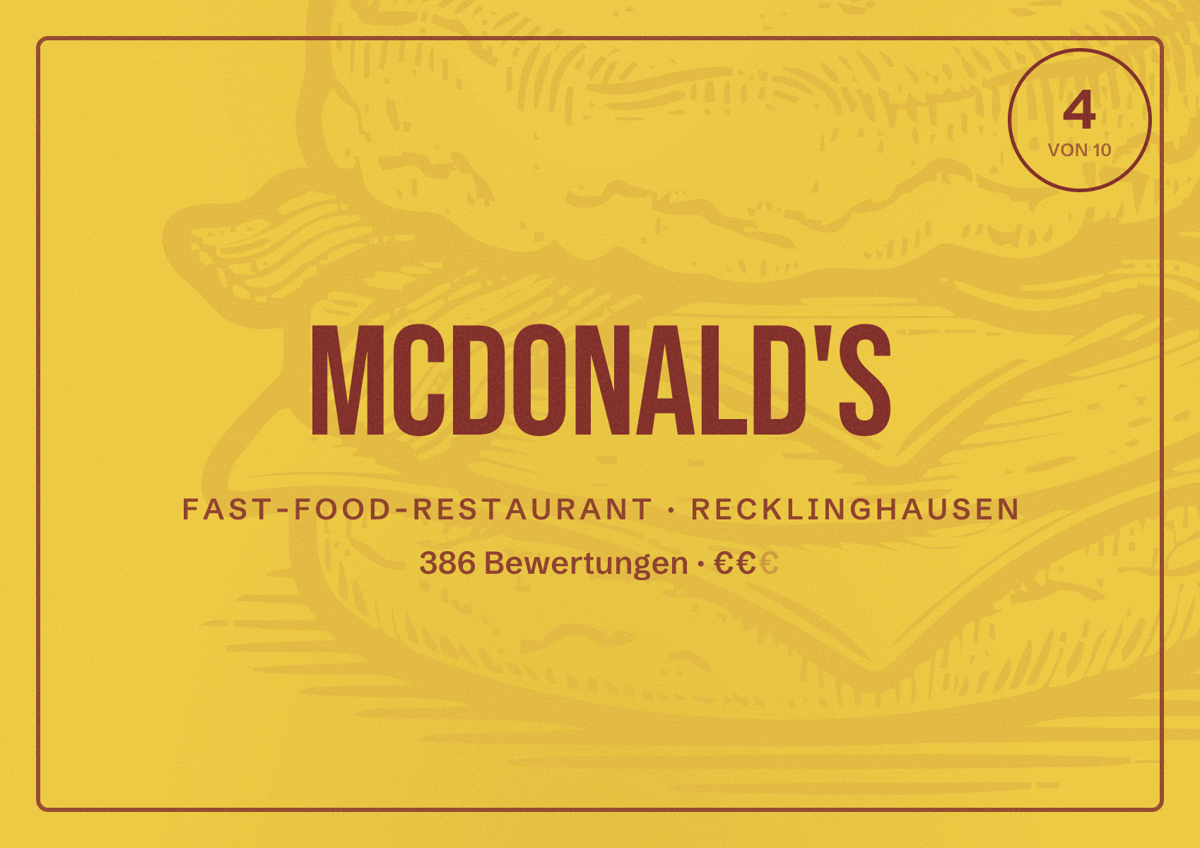 Illustriertes Poster von McDonald's, Fast-Food-Restaurant in Recklinghausen: Bewertung 4 von 10 aus 386 Bewertungen, Preisniveau €€